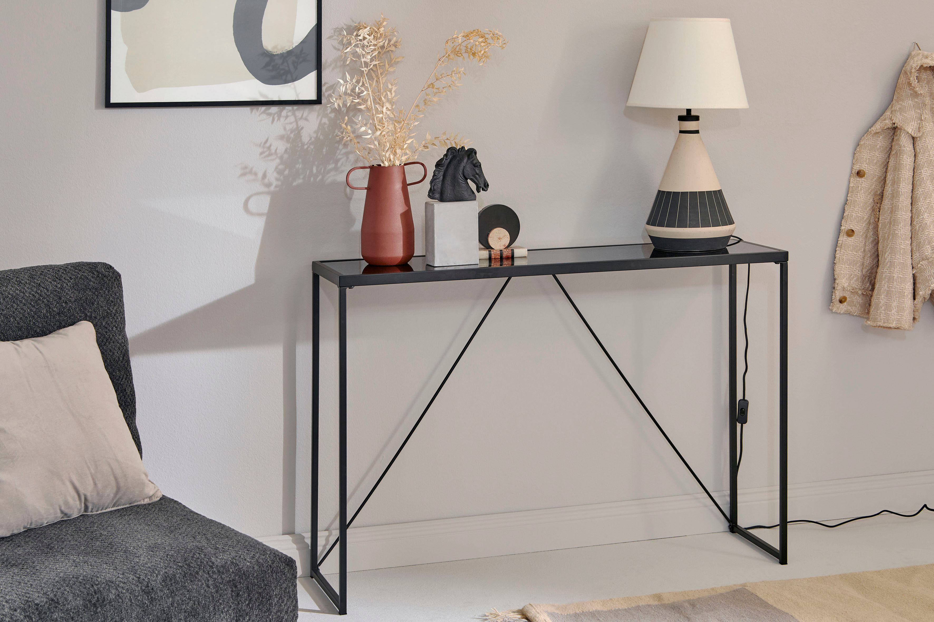 Konsolentisch JAHNKE "GLAM CONSOLE", schwarz (schwarz, schwarzglas, schwarz, schwarzglas), B:111,3cm H:76cm T:30cm, Tische, Konsolentisch, Breite ca. 111 cm, Beistelltisch