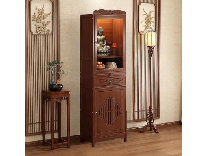 Buddhistischer Altartisch Mit Schubladen, Freistehender Mandir-Schrank Tempel for Zuhause, Pooja Mandir Meditationsraum(Walnut With Door,15*13*67in)