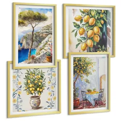 BILDER SET 4er Set - 50x50 cm & 40x60 cm Goldrahmen - Zitronenbäume am Meer
