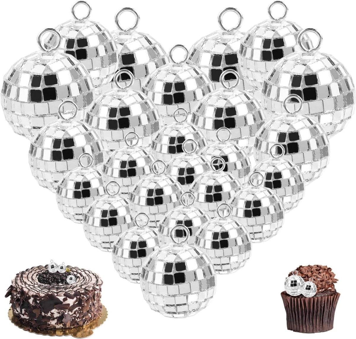 Set van 24 zilveren mini-discoballen voor taartdecoratie en feestelijke decoratie