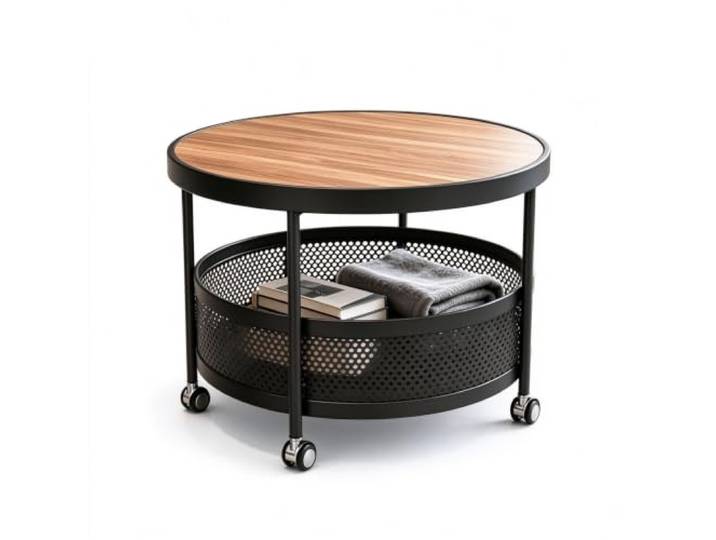 Runder Couchtisch mit 2 Ebenen, Rollen und Aufbewahrungskorb Runder Couchtisch mit Rollen, zweistufiges Aufbewahrungsdesign, stabiler Metallrahmen for Wohnzimmer-Mitte