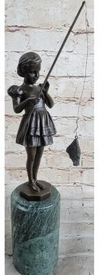 Bronzhaus Little Girl Fishing - Bronze Metal Figurine Sculpture Art Deco By Preiss
