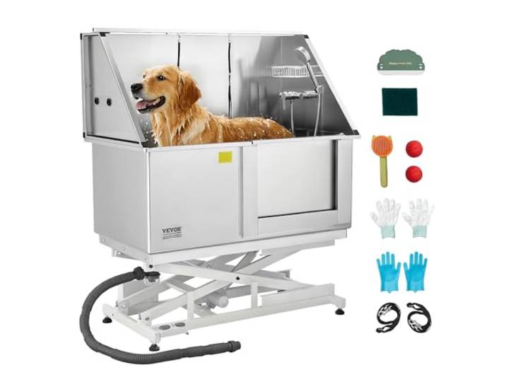 VEVOR Baignoire de Chien Acier Inoxydable\, Baignoire de Toilettage Électrique pour Animaux de Compagnie 127 cm Station de Lavage Chat\, avec Panneau Filtre Eau\, Robinet\, Pommeau de Douche\, Porte Droite