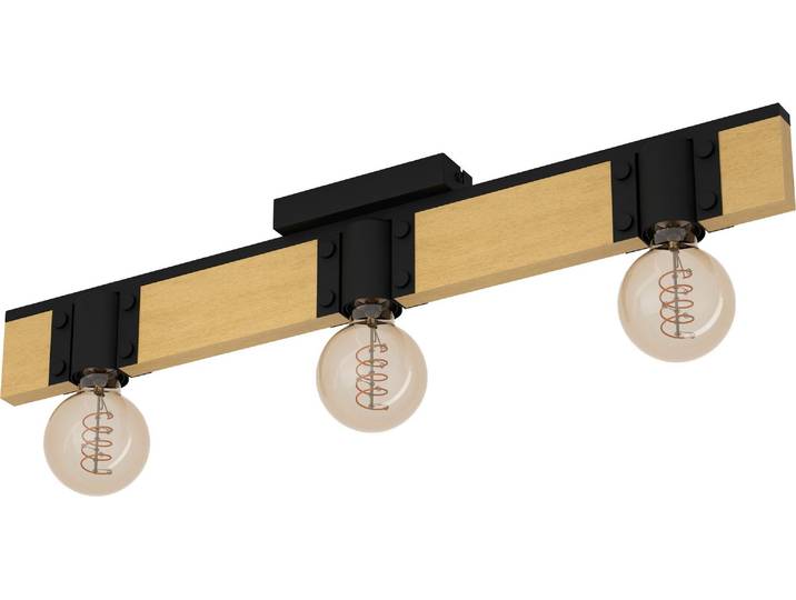EGLO Spot de plafond Bailrigg\, plafonnier à 3 flammes\, plafonnier rectangulaire\, bois naturel et métal noir\, spot de plafond avec douille E27