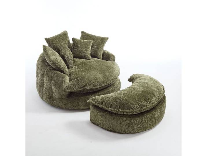 Fauteuil Lounge Rond en Tissu Bouclé avec Pouf Inclus Grand Fauteuil Confort Oversize Vert olive
