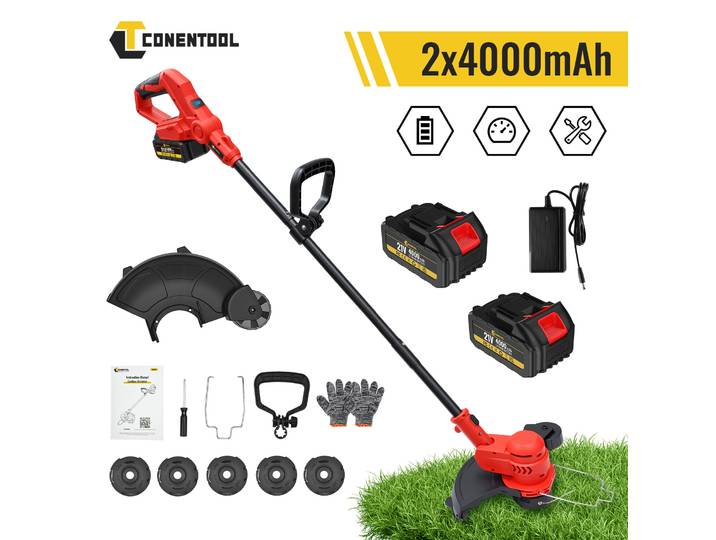 CONENTOOL Tondeuse à gazon sans fil 12 pouces 2000W, débroussailleuse professionnelle pliable, 2x4000mAh batterie compatible avec batterie Makita 18V