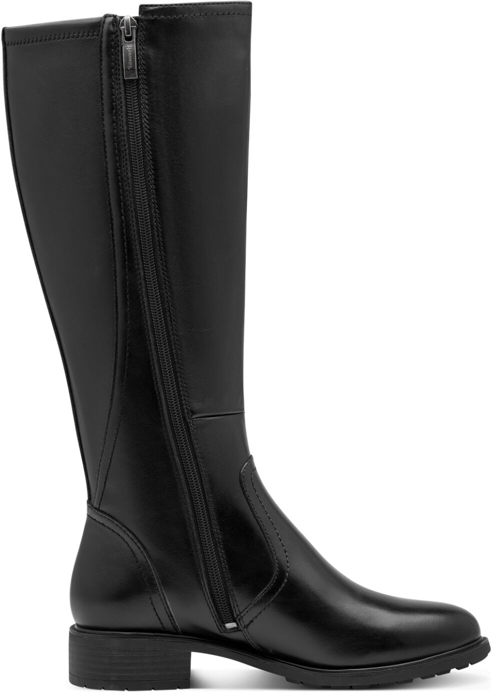 Stiefel TAMARIS, Damen, Gr. 39, Normalschaft, schwarz, Leder, Lederimitat, unifarben, Schuhe Stiefel, Blockabsatz, Langschaftstiefel mit schicker Logoprägung