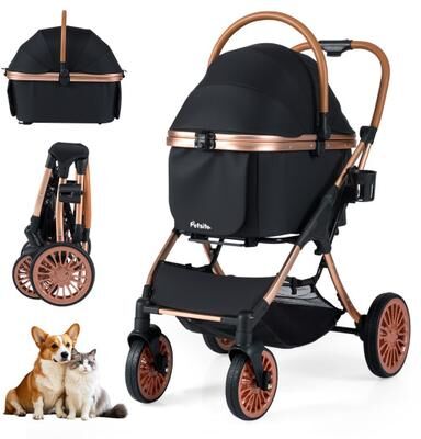 Costway 3-in-1 Foldable Pet Stroller with Sun Shade and Safety Belt for up to 55 lbs Small Medium Dogs Cats-Black