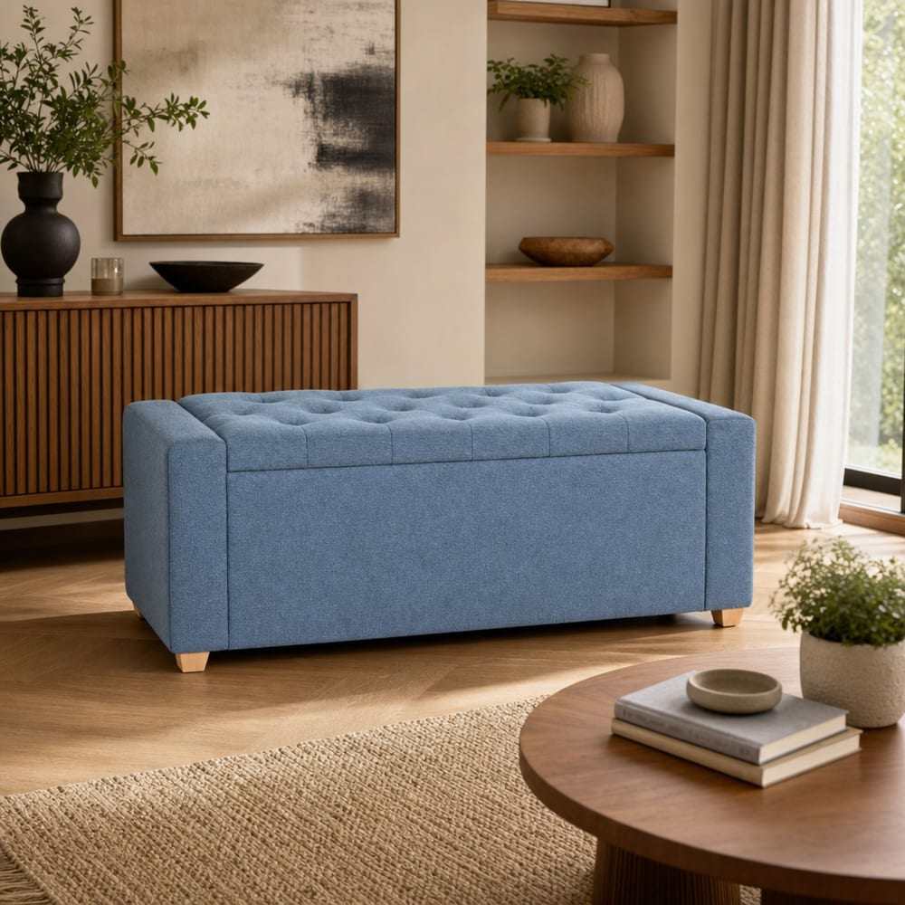 NIYLO Banquette coffre en polyester bleu 120x50x42 cm Bleu 50x42x120cm