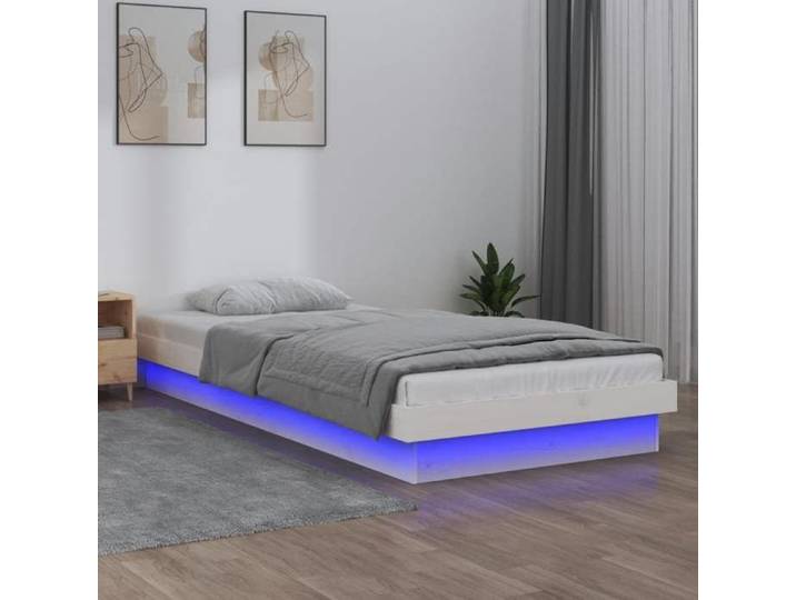 Soldes Flottants Lit simple 90x190cm Cadre de lit à LED classique sans matelas blanc bois massif