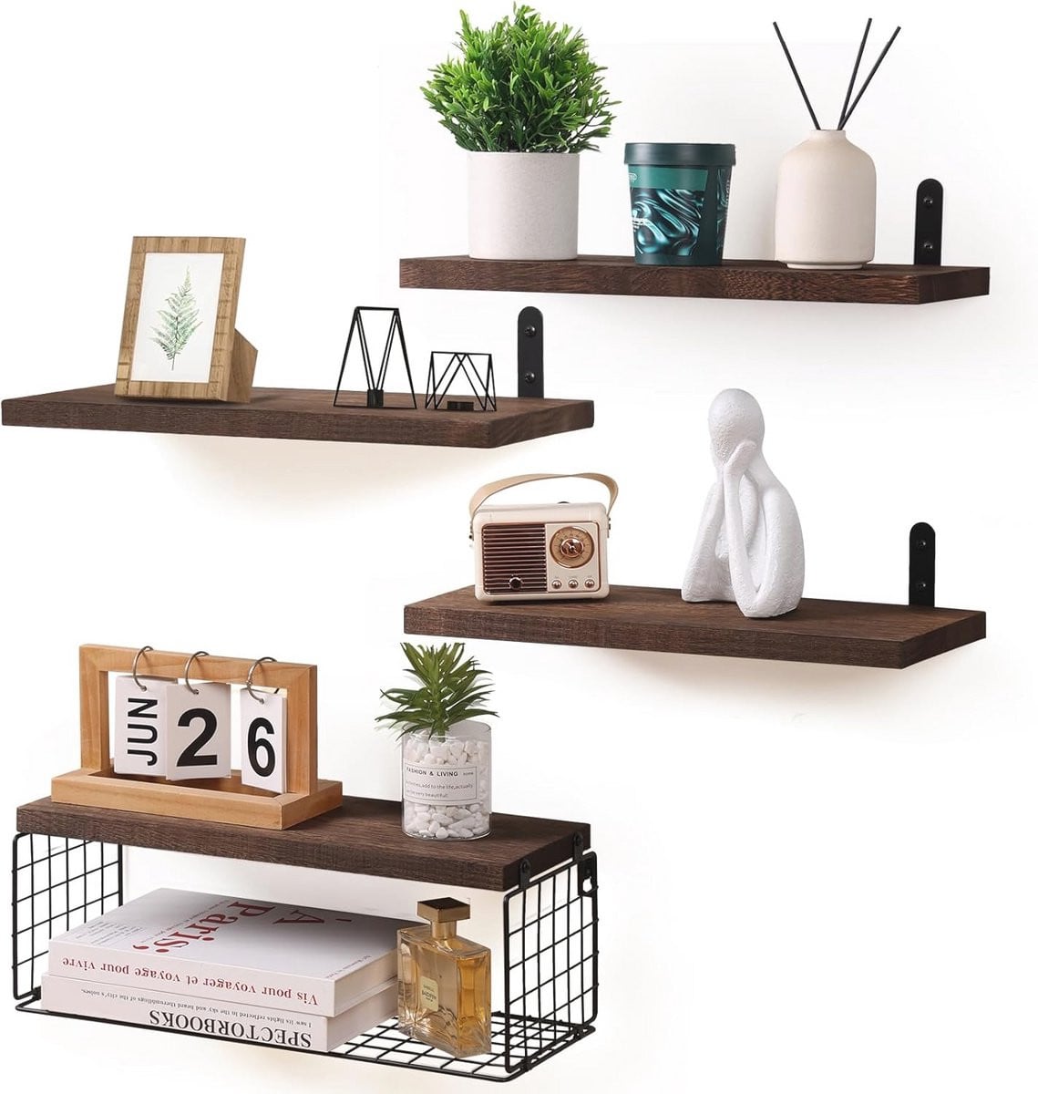Set van 4 houten wandplanken met opbergmand voor de badkamer, keuken, woonkamer of slaapkamer