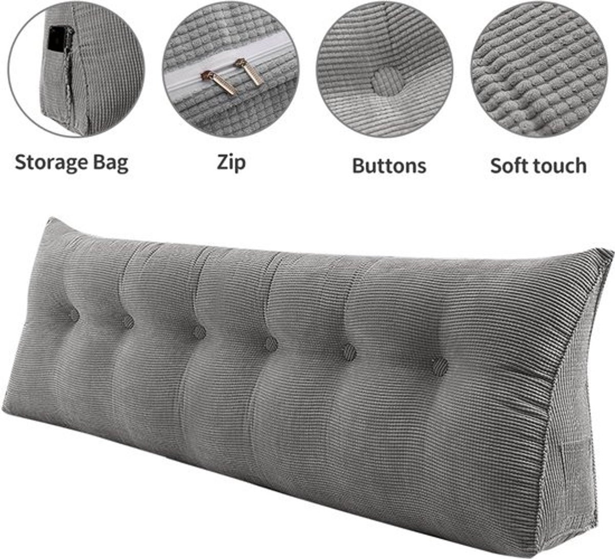 Grijs rugkussen voor volwassenen met ergonomisch ontwerp, 180 cm