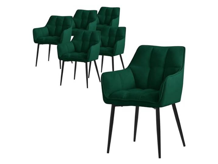 ML-Design Esszimmerstühle 6er Set aus Frotteestoff, Dunkelgrün, Küchenstuhl dickem gepolsterter Sitz & Metallbeinen, Wohnzimmerstuhl mit Rücken- und Armlehnen, Polsterstuhl, Ergonomischer Loungesessel
