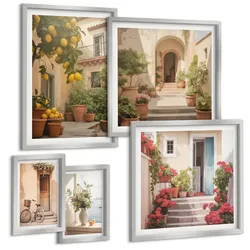 BILDER SET 5er Set - 50x50 cm & 20x30 cm & 40x60 cm Silberner Rahmen - Zitrusfrüchte in der Sonne