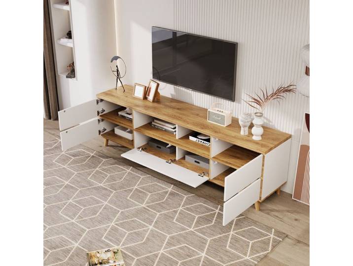 LPOSPI Meuble TV rangements fermés et ouverts style campagne moderne bois clair et blanc - 175x37x51 cm