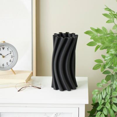 ARCILLA ELEMENTAL Black Ceramic Curvy Ribbed Abstract Vase with Floral Shaped Rim