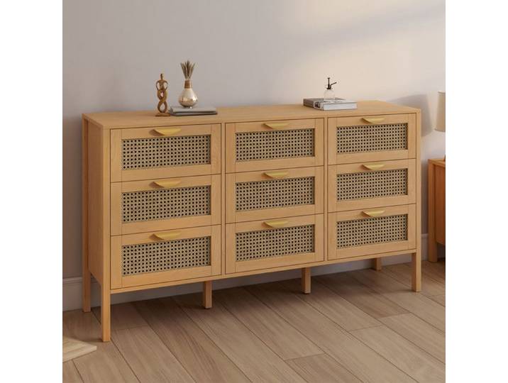 Commode 9 tiroirs EDHEN XXL 136 cm bois et cannage