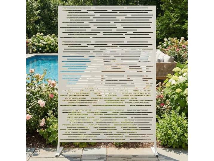 Sichtschutz Metall, Freistehender Paravent 180x120 cm, Wetterfester Sichtschutz Für Garten Terrasse Balkon Outdoor Deko, Raumteiler Mit Ständer, Verzinkter Stahl, Streifen Weiß