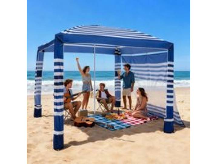 VEVOR Strand-Cabana, 2,4 x 2,4 m Strandüberdachung mit Seitenwand, UPF 50+ Sonnenschutz, Cabana mit Sandsäcken, höhenverstellbarer & tragbarer Sonnenschutz für Familie, marineblaue Streifen