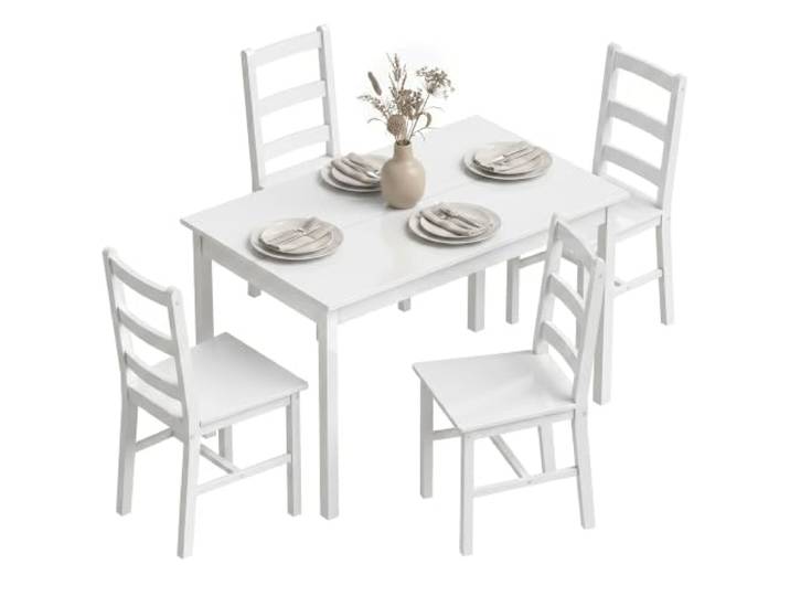 HOMCOM Esstisch mit 4 Stühlen Essgruppe Kiefernholz für Kleine Räume, Weiß Aus Kiefernholz, Esszimmergruppe, Esszimmer, Küche, Wohnzimmer