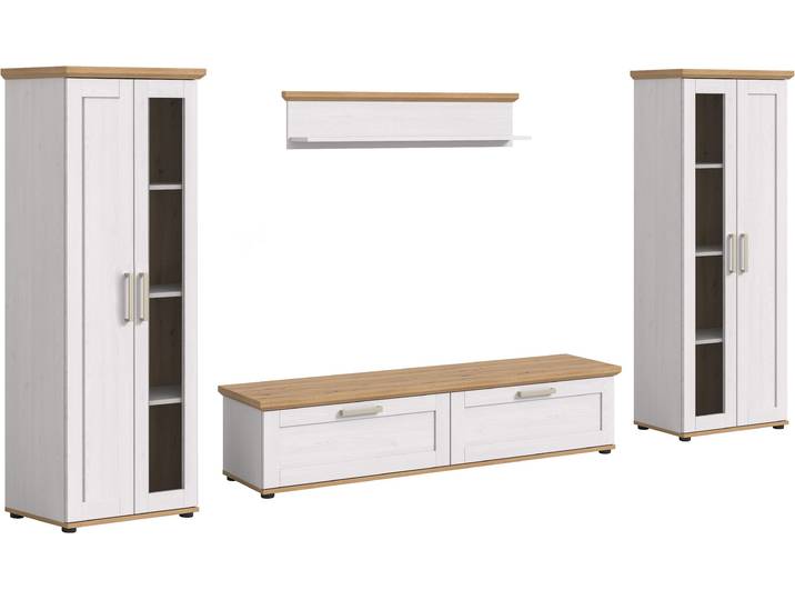 Wohnwand HOME AFFAIRE Cosenza , weiß (sibu lärche nachbildung), B:316cm H:161cm T:40cm, Kastenmöbel-Sets, Wohnwand, Cosenza, Breite: 336 cm, 2xVitrine, Lowboard, Wandboard