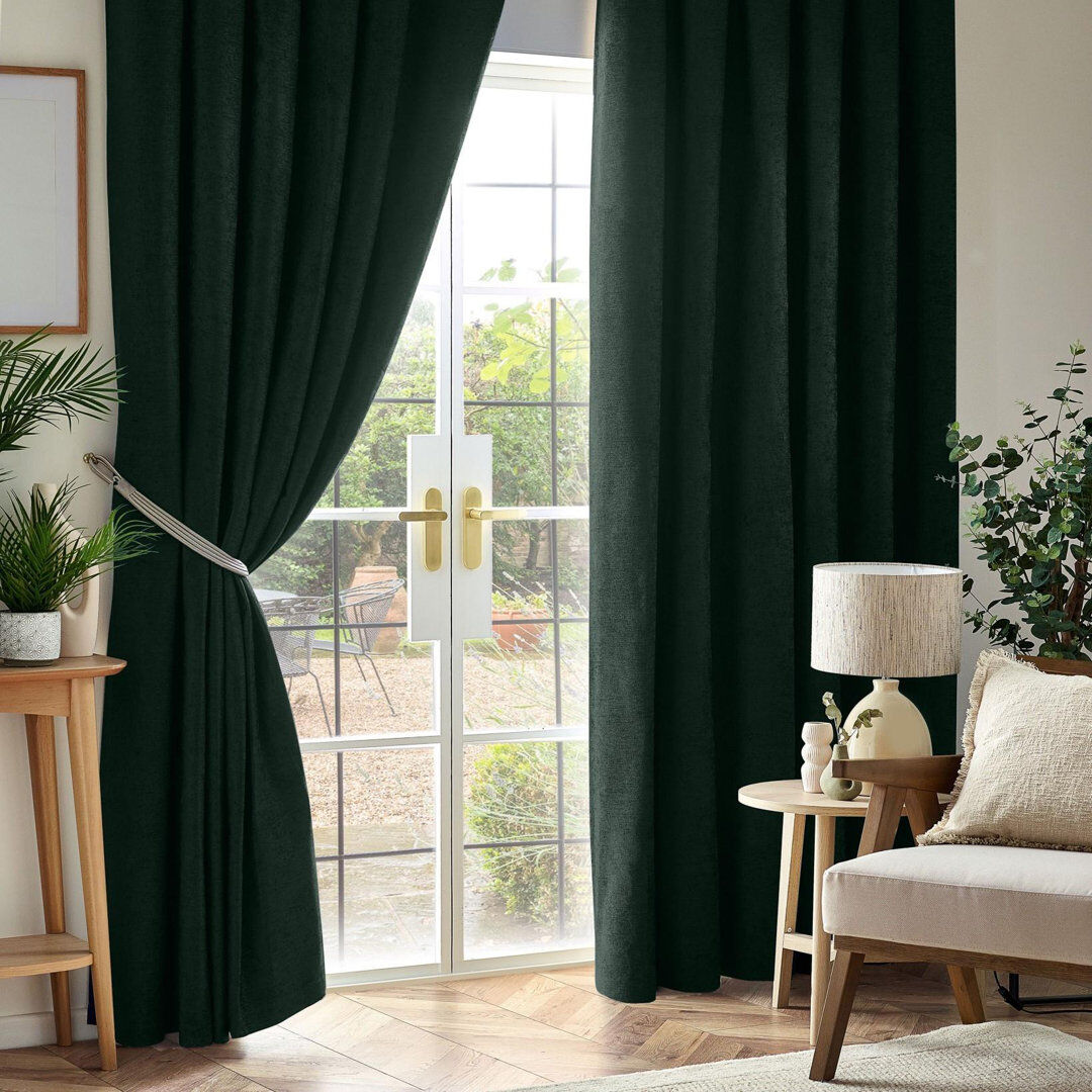 17 Stories Eilfried Chenille Pencil Pleat Taped Top Curtains Green 229cm Width x 229cm Drop
