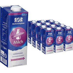 Weihenstephan Milch H-Vollmilch, Fettgehalt 3,5%, laktosefrei, ultrahocherhitzt & homogenisiert, 12x 1 Liter