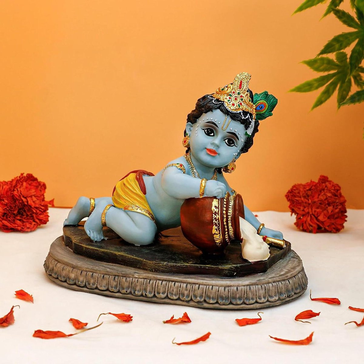 Krishna Idool Standbeeld Baby Krishna Makhan Krishna Handgeschilderd Multicolor Hoogte: 13 cm