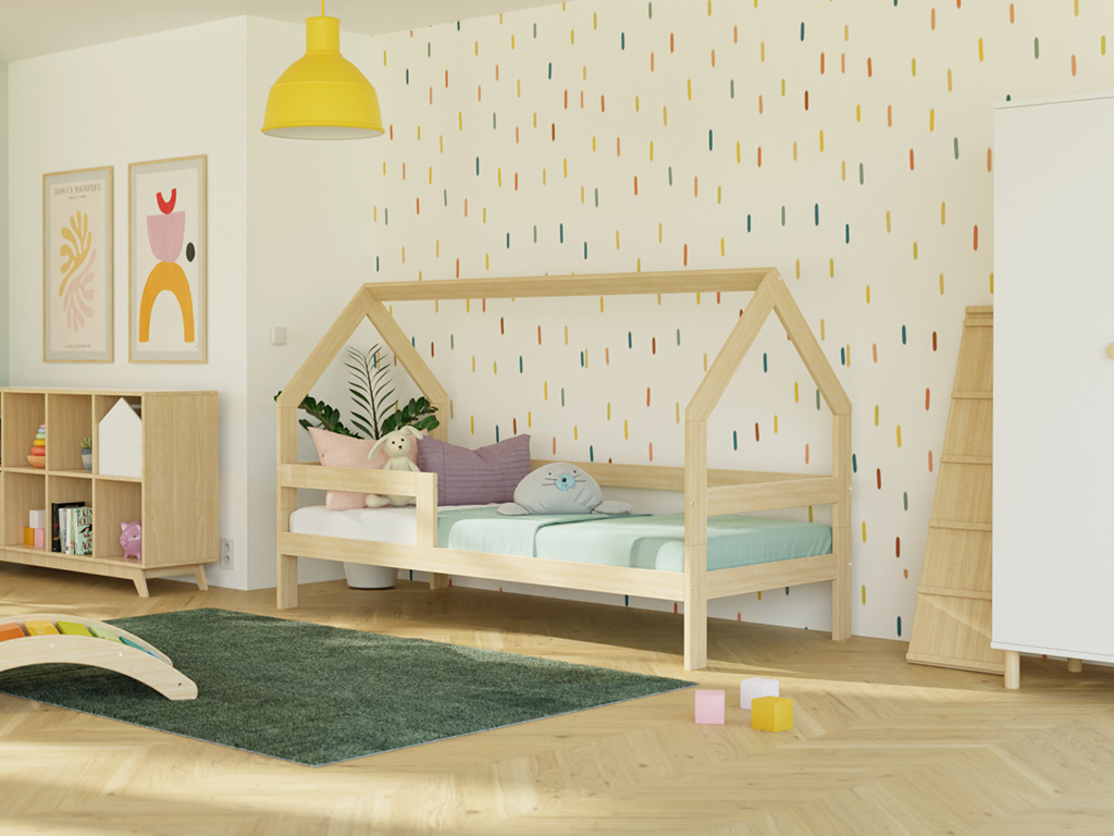 Kinderholzbett Hausbett SAFE 3-in-1 mit Barriere 120x200 cm Marineblau, Mit offenem Eingang