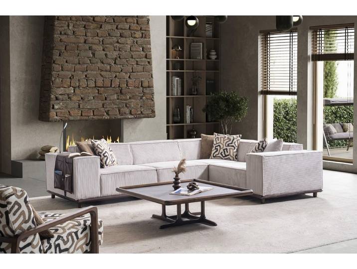 JVmoebel Ecksofa Beige Designer Eckcouch mit Holz Couchtisch und hohem Sitzkomfort