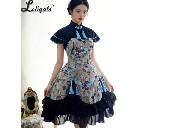 Robe vintage Qi Lolita, robe midi imprimée Fairy Kylin avec pompons par Strawberry Witch