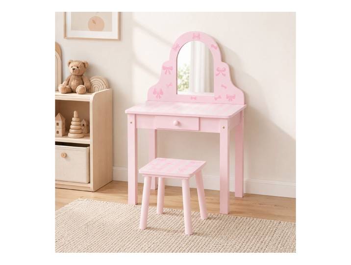 MODFU Schminktisch Mädchentisch mit Stuhl und abnehmbarem Spiegel Rosa 3-8 Jahre (Packung, 2-St., Frisiertisch Kombination für Spielen, Zeichnen und Styling), Lernplatz Set mit Schublade für Kinderzimmer