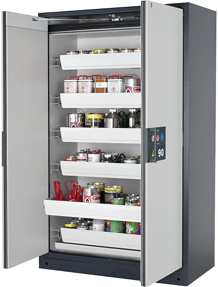 Feuerbeständiger Gefahrstoffschrank Typ 90, halbautomatisch, mit 6 Schubladen, Türfarbe Grau asecos
