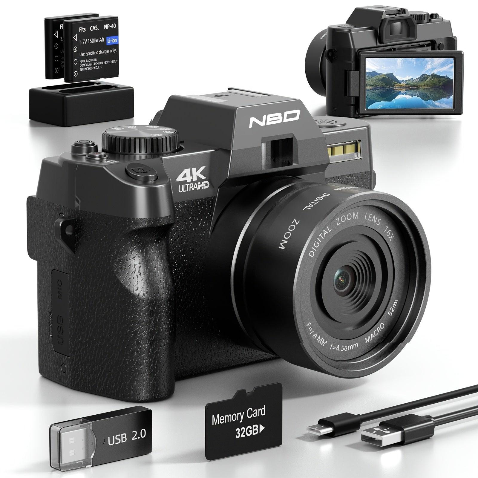 Selius Vlogcamera – Digitale Reiscamera met 48MP, 4K Video en WiFi inclusief accessoires