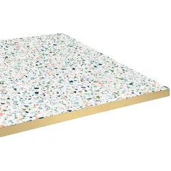 Restootab - Tischplatte 70x70 Dekor Terrazzo spectra chip Kanten messingfarben