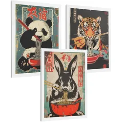 POSTER 3er Set Japanische Ramen Tier-Wandbilder Panda Tiger und Hase Nudeln Vintage Küche Wanddeko Weißer Rahmen A4