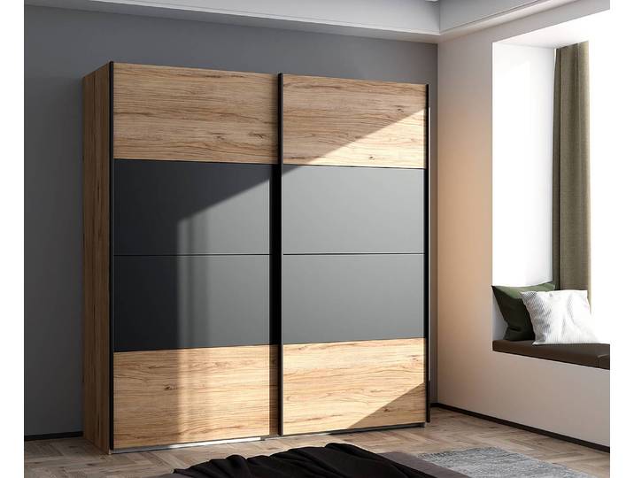 Armoire à portes coulissantes Franken 200 x 211 x 63cm Marron/Noir/Imitation chêne/Noir