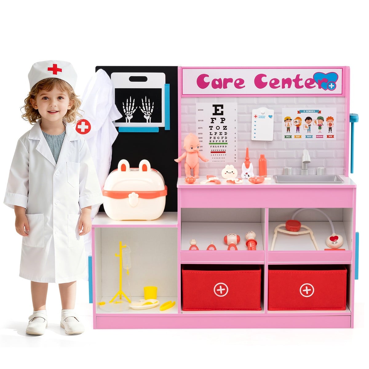 Costway Doktersspeelset Houten Medisch Centrum met 29 Medische Accessoires - Roze