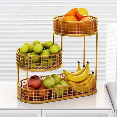 Modern Mode Marketplace Stainless Steel Fruit Basket & Metal Fruit Bowl Organizer Elegant Tiered Kitchen Storage Rack golden