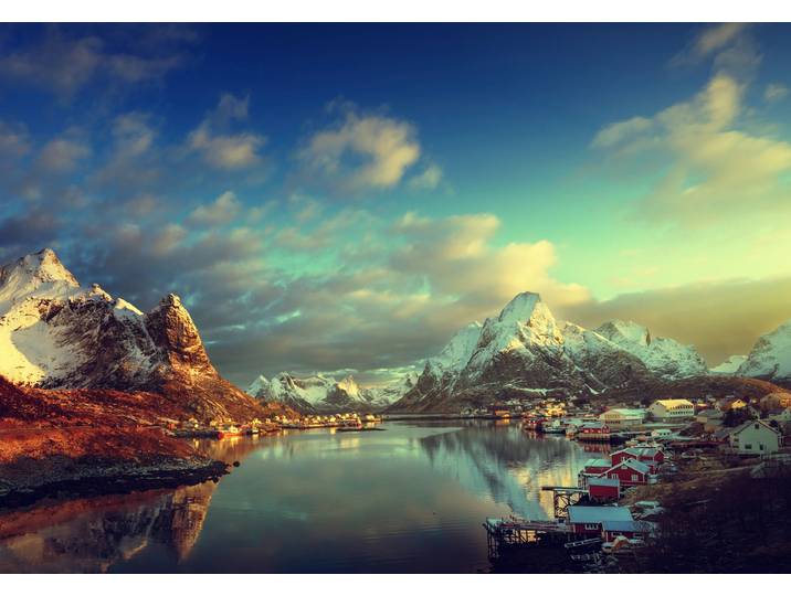 Fototapete PAPERMOON LOFOTEN-INSELN-SEE GEBIRGE BERGE ALPEN SONNE DORF MEER , bunt, B:3m L:2,23m, Vlies, Tapeten, Fototapete