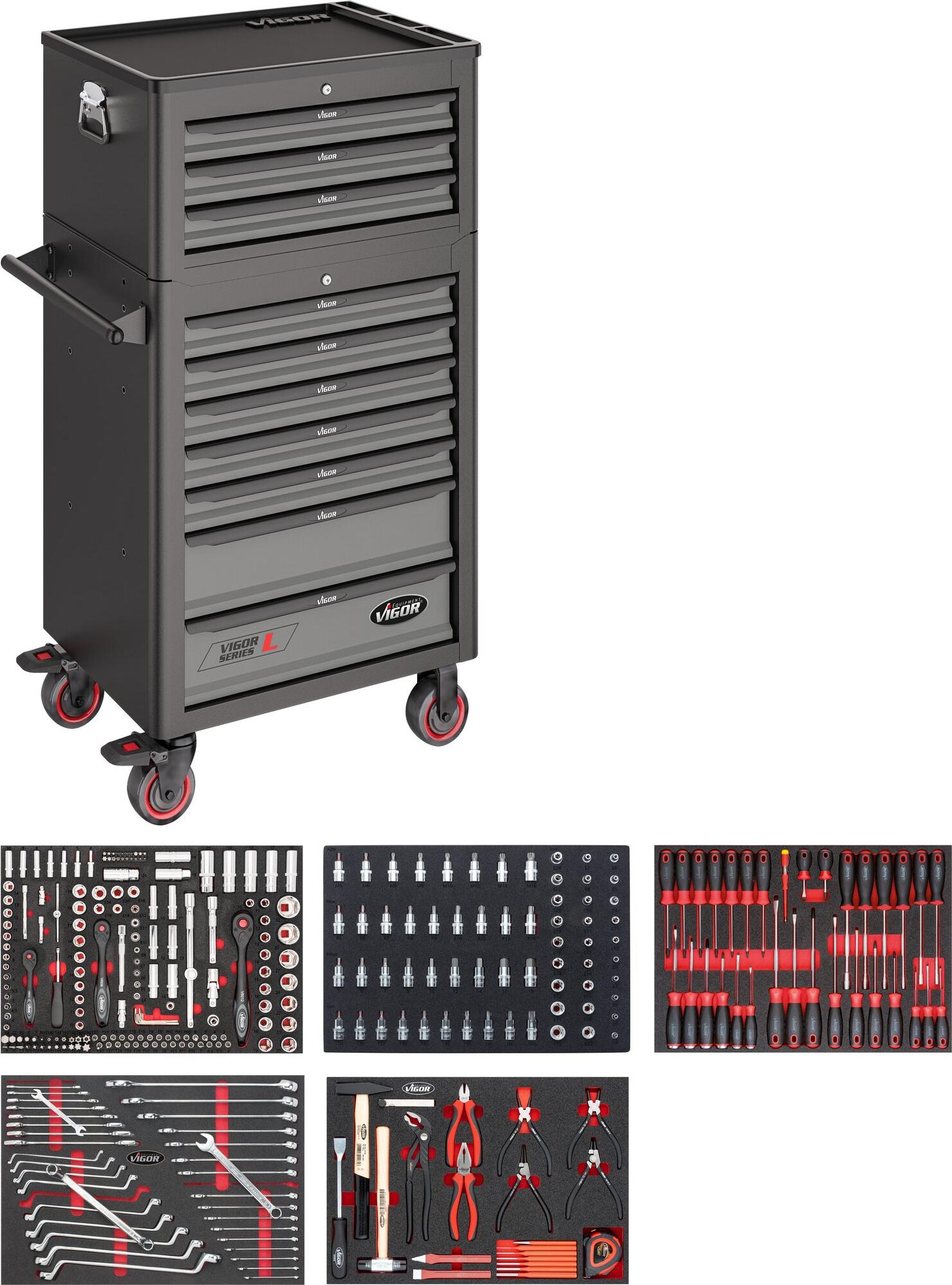 VIGOR Werkstattwagen Series L mit Sortiment und Aufsatzkoffer V4561 344-teilig