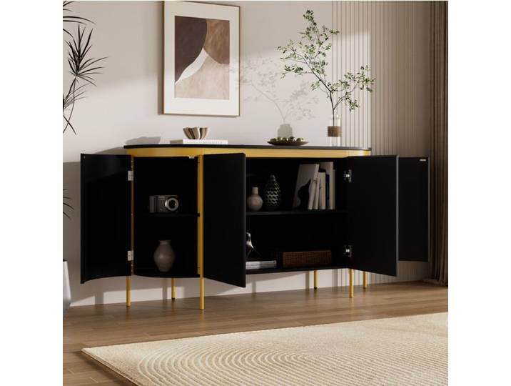 ROVRYN Buffet bas ovale 140 cm 4 portes MDF noir pieds métal