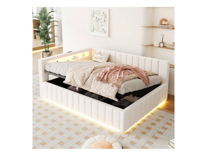 Flieks Daybett, Hydraulisches Polsterbett Schlafsofa 140x200cm mit LED und USB-Laden