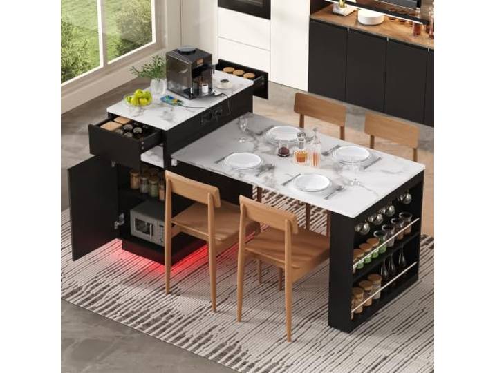BTM Modern Ausziehbarer Kücheninsel mit Rollen, Küchenschrank mit Arbeitsplatte, Multifunktionaler Esstisch mit Stauraum Schwarz