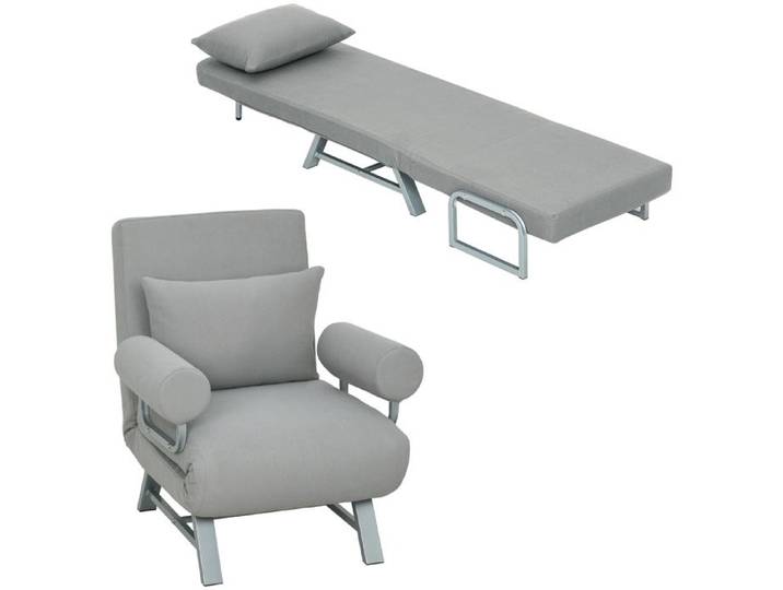 Fauteuil Convertible 1 Place Fauteuil-Lit Pliable Rembourré en Lin avec Dossier Réglable Oreiller Gris Clair