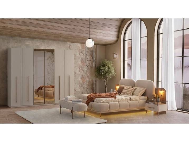 Xlmoebel Schlafzimmer-Set Beige Schlafzimmer Garnitur Polsterbett Kleiderschrank 2x Nachttische