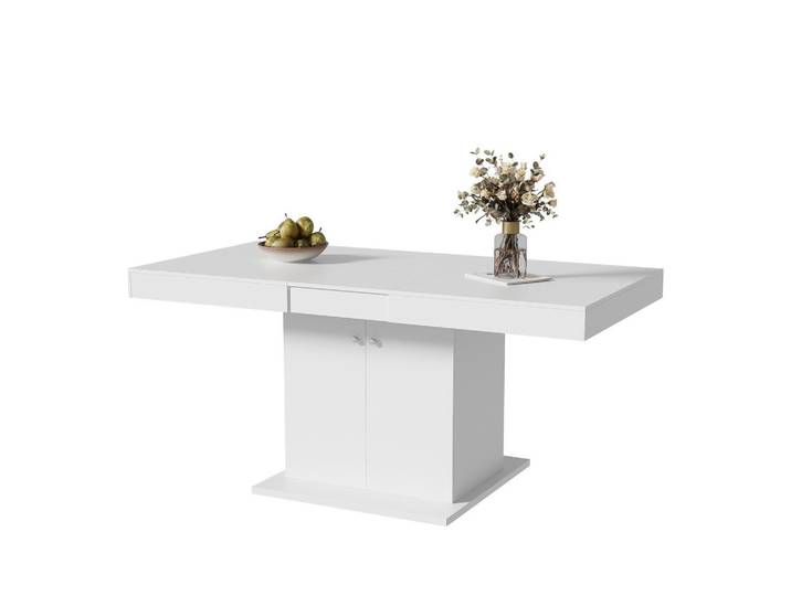 Okwish Esstisch 140/180/76 cm weiß mit Stauraum und automatischer Erweiterungsfunktion, Weiß, 140x76x180 cm, Esszimmer, Esstische