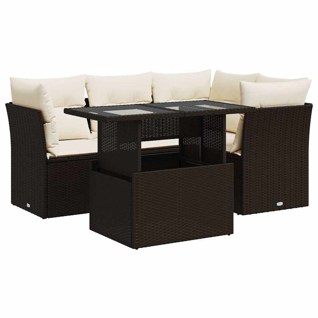 Garten-Sitzgruppe, 5-tlg. Loungemöbel-Set mit verstellbarem Tisch, Poly Rattan Braun, Stauraum, wasserfester Beutel, Cremeweiß Kissen