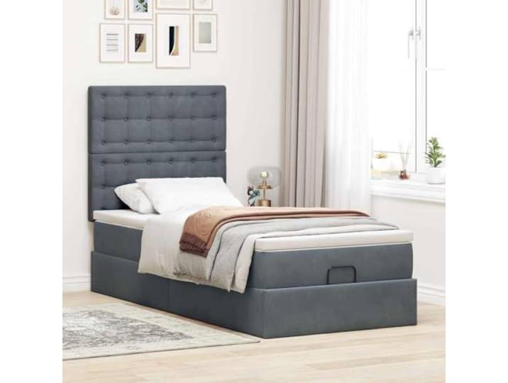 KTHLBRH Bett Pouf 180 x 200 cm Samt Dunkelgrau Hydraulisches Heben, Federkernmatratze, Behälter, Kopfteil im Lieferumfang enthalten