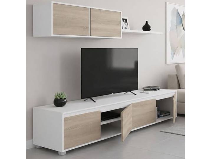 Dmora - Wandsystem Savannah, TV-Ständer, Wohnzimmermöbel, Zusammensetzung des Wohnzimmersets, Wohnzimmerset mit Schrankwand, 200 x 41 x 43 cm, Weiß und Eiche